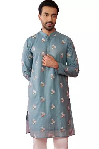 Men's Blue cotton muslin kurta - embroidered festive summer wear