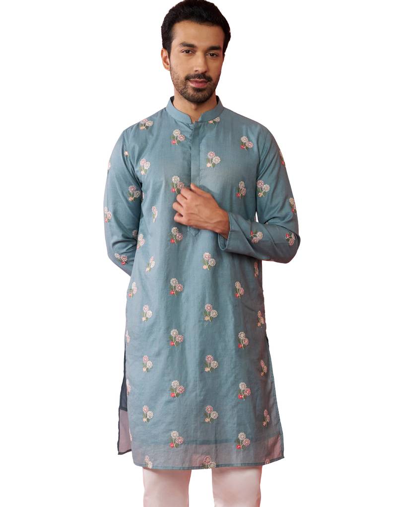Men's Blue cotton muslin kurta - embroidered festive summer wear