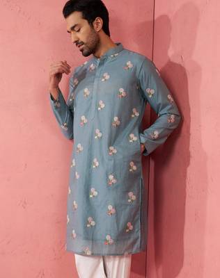 Blue cotton muslin kurta - embroidered festive summer wear 2