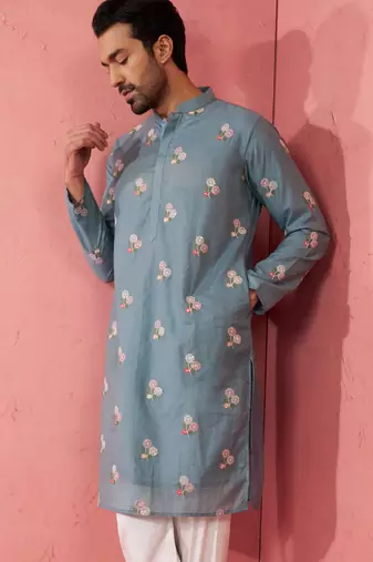 Blue cotton muslin kurta - embroidered festive summer wear