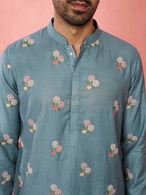 Blue cotton muslin kurta - embroidered festive summer wear 3