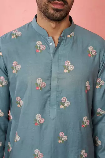 Blue cotton muslin kurta - embroidered festive summer wear