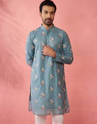 Blue cotton muslin kurta - embroidered festive summer wear 4