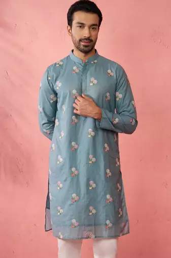 Blue cotton muslin kurta - embroidered festive summer wear