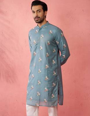 Blue cotton muslin kurta - embroidered festive summer wear 5