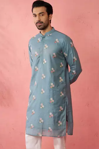 Blue cotton muslin kurta - embroidered festive summer wear