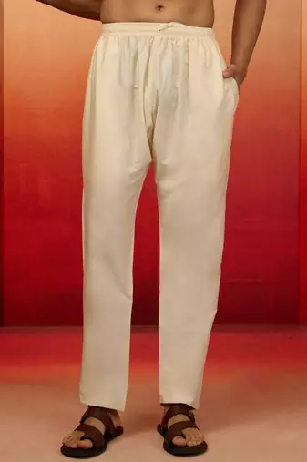 cream fine satin pyjama - premium silk blend festive bottom wear