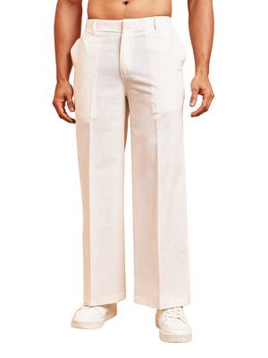 Men white cotton wide leg pant - button zip elastic waist casual wear 1