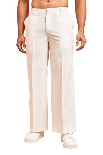 Men white cotton wide leg pant - button zip elastic waist casual wear
