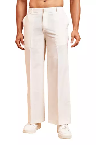 Men white cotton wide leg pant - button zip elastic waist casual wear