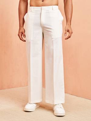 Men white cotton wide leg pant - button zip elastic waist casual wear 2