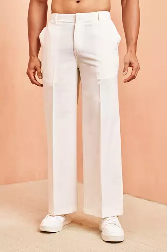 Men white cotton wide leg pant - button zip elastic waist casual wear