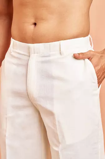 Men white cotton wide leg pant - button zip elastic waist casual wear