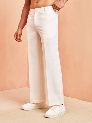 Men white cotton wide leg pant - button zip elastic waist casual wear 4