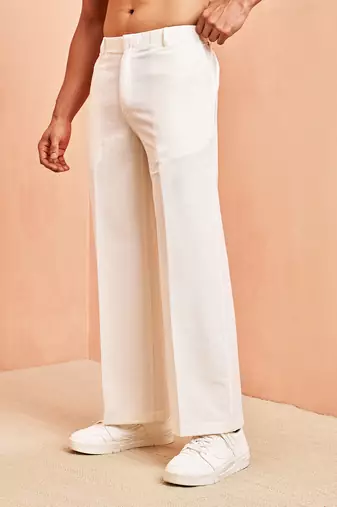 Men white cotton wide leg pant - button zip elastic waist casual wear