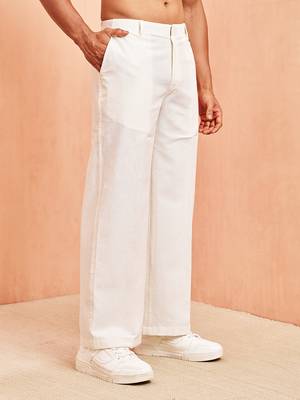 Men white cotton wide leg pant - button zip elastic waist casual wear 5