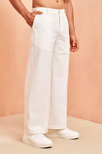 Men white cotton wide leg pant - button zip elastic waist casual wear
