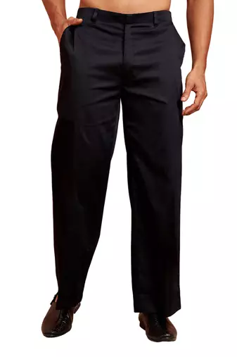 Men black cotton lycra wide leg pant - zip button elastic waist party festive wear