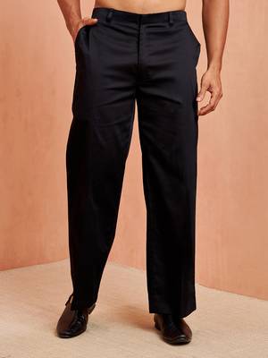 Men black cotton lycra wide leg pant - zip button elastic waist party festive wear 2