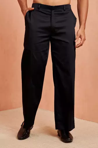 Men black cotton lycra wide leg pant - zip button elastic waist party festive wear