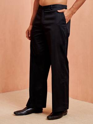 Men black cotton lycra wide leg pant - zip button elastic waist party festive wear 4