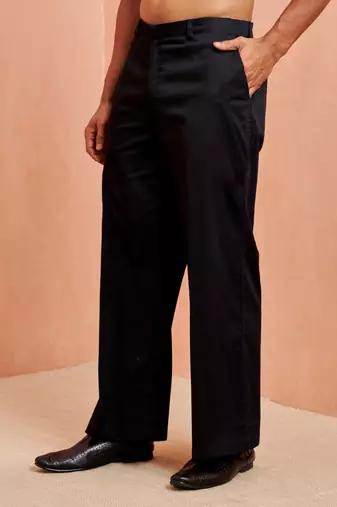 Men black cotton lycra wide leg pant - zip button elastic waist party festive wear