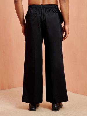 Men black cotton lycra wide leg pant - zip button elastic waist party festive wear 5