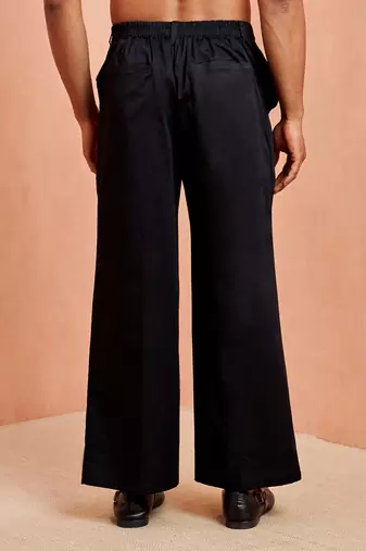 Men black cotton lycra wide leg pant - zip button elastic waist party festive wear