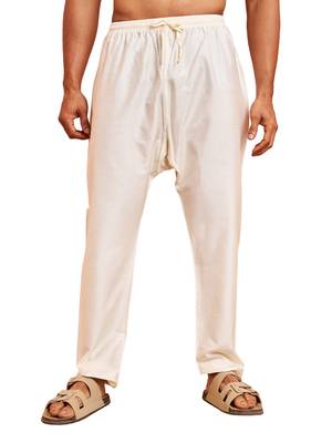 Men cream viscose pyjama - solid pattern drawstring elastic waist festive ethnic wear 1