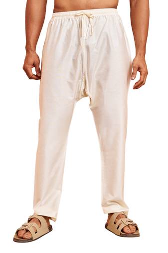 Men cream viscose pyjama - solid pattern drawstring elastic waist festive ethnic wear