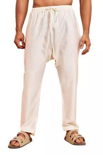 Men cream viscose pyjama - solid pattern drawstring elastic waist festive ethnic wear