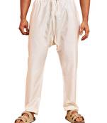 Men cream viscose pyjama - solid pattern drawstring elastic waist festive ethnic wear