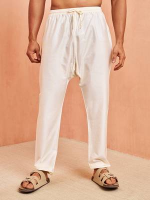 Men cream viscose pyjama - solid pattern drawstring elastic waist festive ethnic wear 2