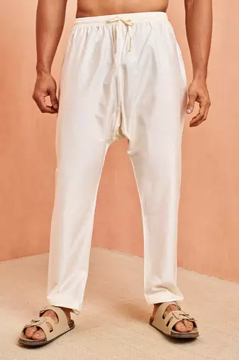 Men cream viscose pyjama - solid pattern drawstring elastic waist festive ethnic wear