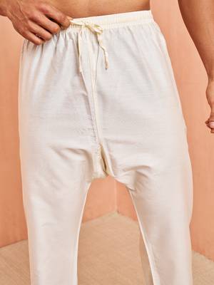Men cream viscose pyjama - solid pattern drawstring elastic waist festive ethnic wear 3