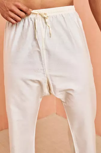 Men cream viscose pyjama - solid pattern drawstring elastic waist festive ethnic wear