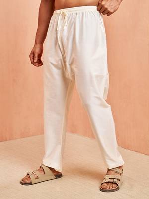Men cream viscose pyjama - solid pattern drawstring elastic waist festive ethnic wear 4