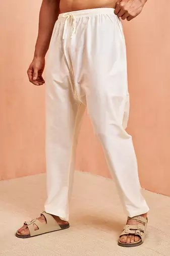 Men cream viscose pyjama - solid pattern drawstring elastic waist festive ethnic wear