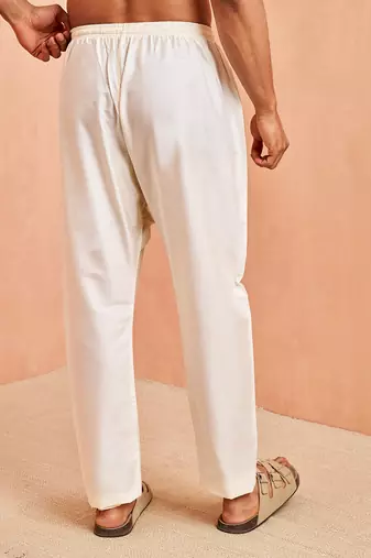 Men cream viscose pyjama - solid pattern drawstring elastic waist festive ethnic wear