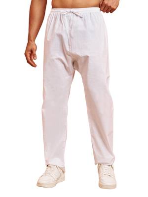 Men white cotton pyjama - solid pattern drawstring elastic waist festive ethnic wear 1
