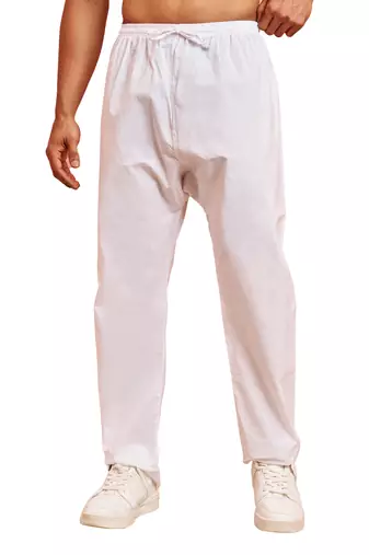 Men white cotton pyjama - solid pattern drawstring elastic waist festive ethnic wear