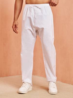 Men white cotton pyjama - solid pattern drawstring elastic waist festive ethnic wear 2