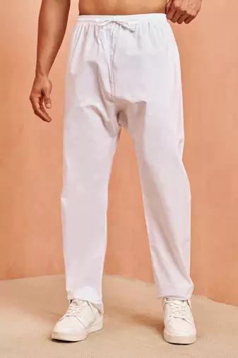 Men white cotton pyjama - solid pattern drawstring elastic waist festive ethnic wear