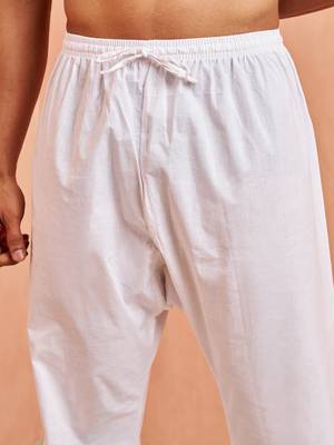 Men white cotton pyjama - solid pattern drawstring elastic waist festive ethnic wear 3