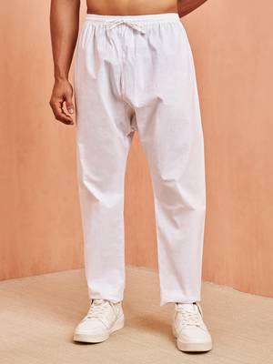 Men white cotton pyjama - solid pattern drawstring elastic waist festive ethnic wear 4
