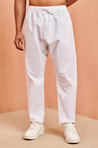 Men white cotton pyjama - solid pattern drawstring elastic waist festive ethnic wear