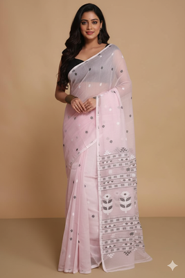Women'S Cotton Silk Dhakai Softs Flower Tree Jamdani Sarees (Pink) Without Blouse 1