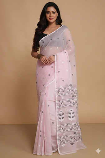 Women'S Cotton Silk Dhakai Softs Flower Tree Jamdani Sarees (Pink) Without Blouse