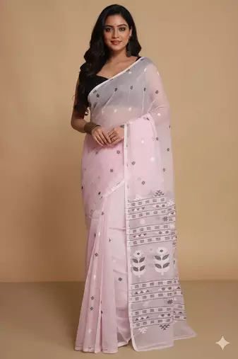 Women'S Cotton Silk Dhakai Softs Flower Tree Jamdani Sarees (Pink) Without Blouse