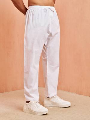Men white cotton pyjama - solid pattern drawstring elastic waist festive ethnic wear 5